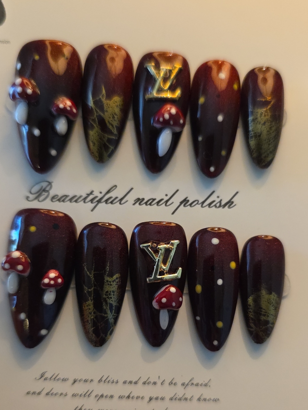Luxurious Dark Burgundy Press-On Nail Set with Gold Accent Size Large
